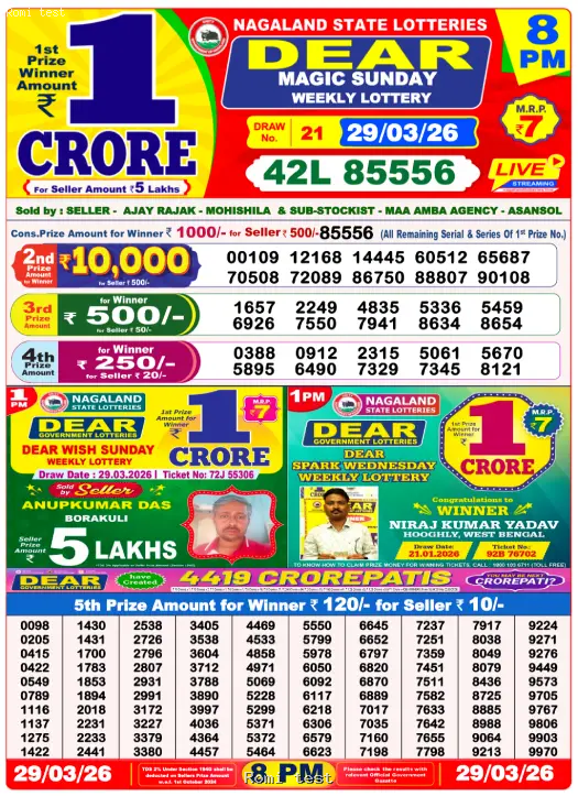 Dear Night Sunday Result 29 March 2026, Sunday