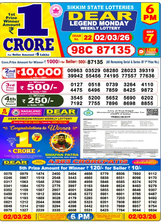 Dear Evening Monday Result 02 March 2026